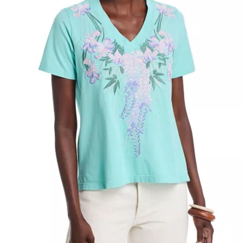Johnny Was Deep V Embroidered Tee L Coastal California Grandma Core